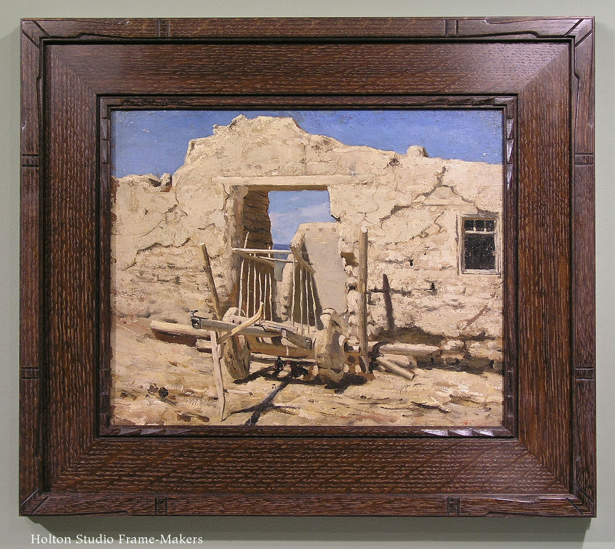 T. Welch painting in compound carved corner frame
