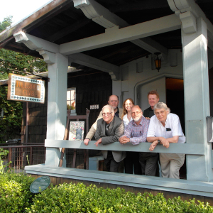 Speakers at the symposium on the front porch of the Hillside Club. (Back row: Clive Wilmer, Master of the Guild of St George, Sara Atwood, Tim Holton. Front row: Gray Brechin, John Iles, James Spates.)