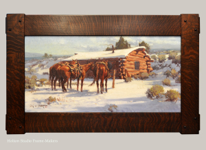 Jim C. Norton (b. 1953), untitled (horses and log cabin), n.d. Oil on canvas, 15 x 30.