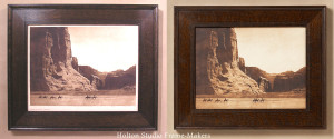 Two examples of a photo, ES Curtis's "Canon de Chelly" (by Mountain Hawk Prints), with some margin showing and framed truly "close"—all the way to the image