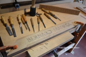 Lettering being carved—Bernard Maybeck