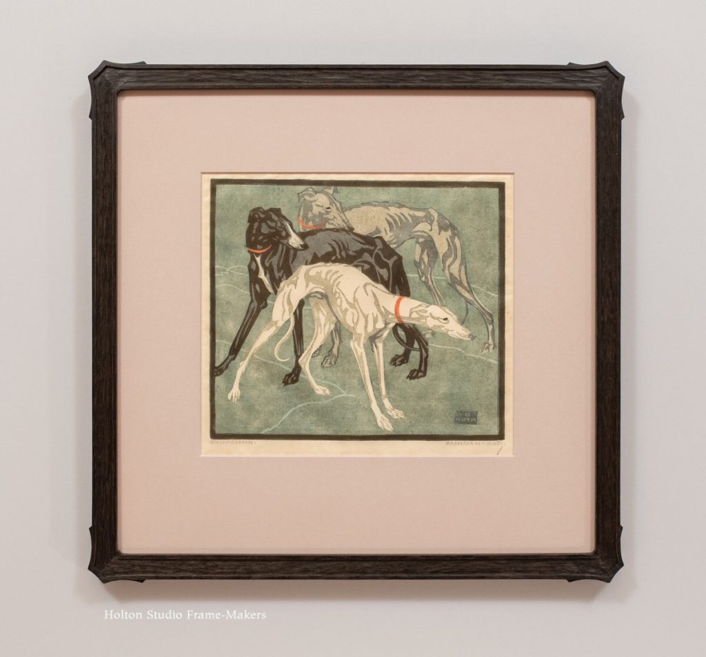 Framed Bresslern-Roth linocut, "Greyhounds"