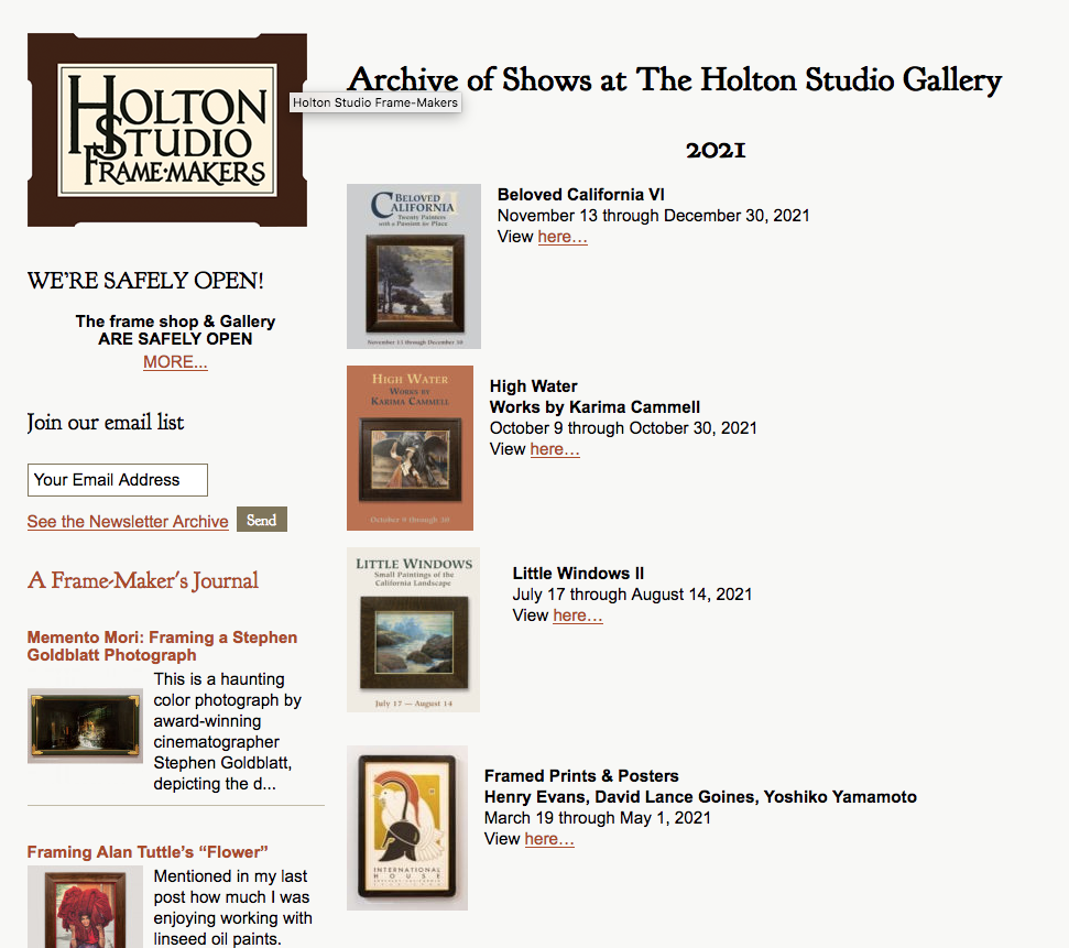 screenshot of gallery show archive page