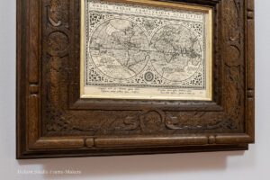 1617 Dutch map of the world in carved oak frame—detail