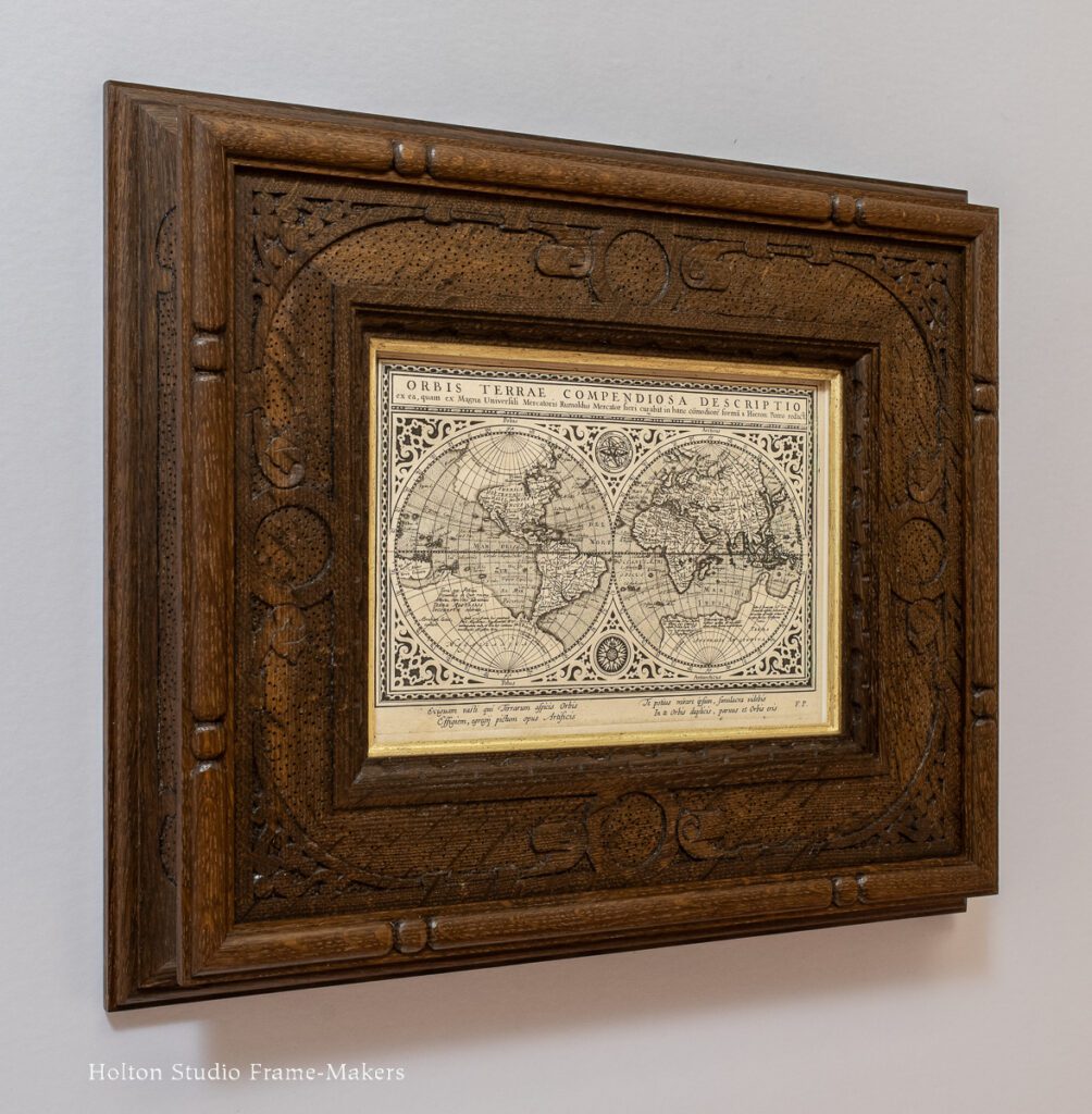 1617 Dutch map of the world in carved oak frame