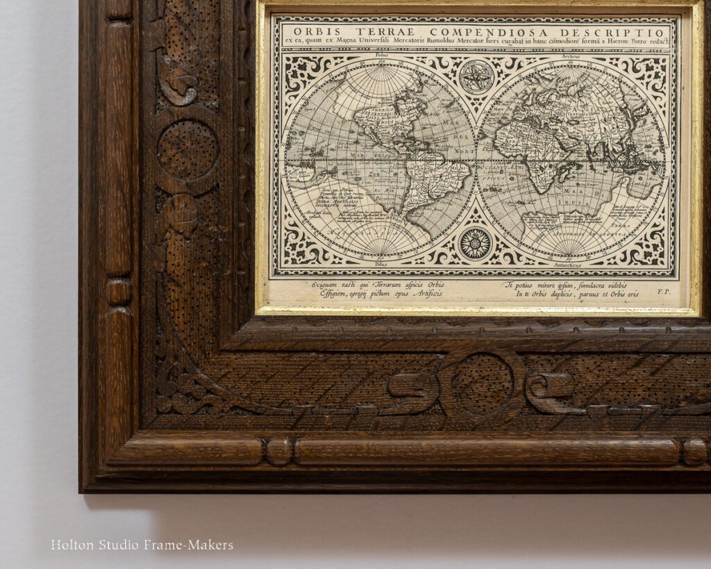 1617 Dutch map of the world in carved oak frame—detail