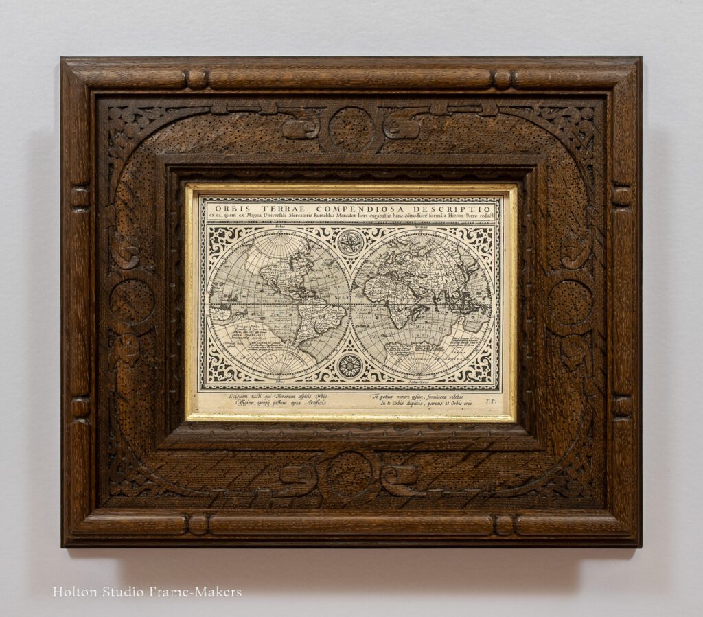 1617 Dutch map of the world in carved oak frame
